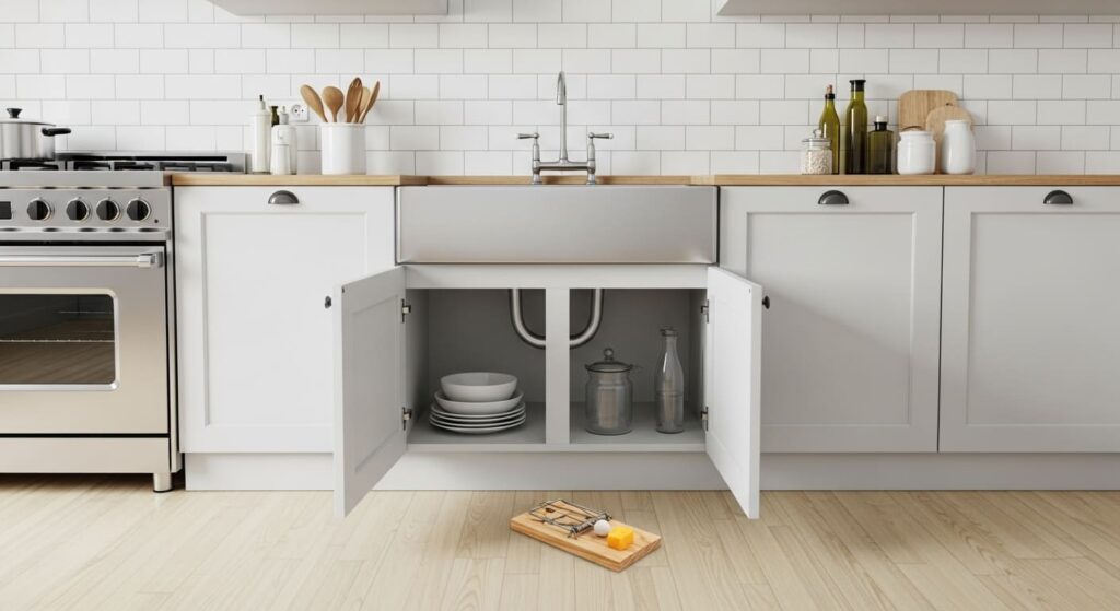 Clear kitchen with mouse traps under sink near Milton