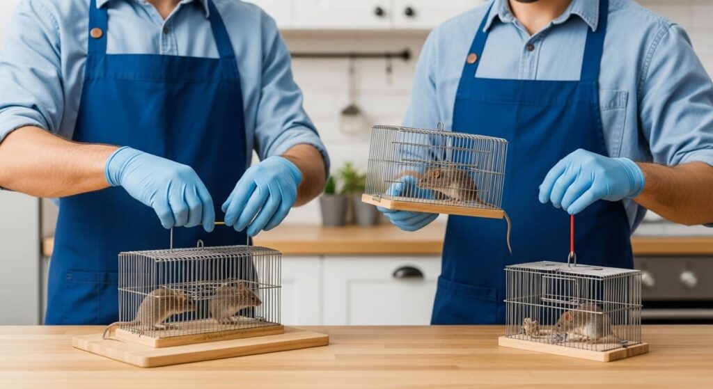 Pest Control technician handling mouse traps in Milton home